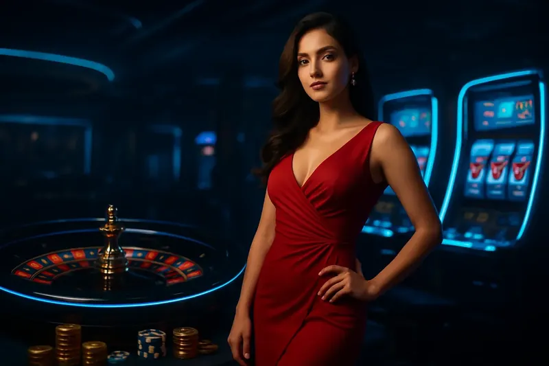 Beautiful woman in red dress standing confidently near roulette and slot machines with gold coins and poker chips in a luxury Bangladesh casino setting