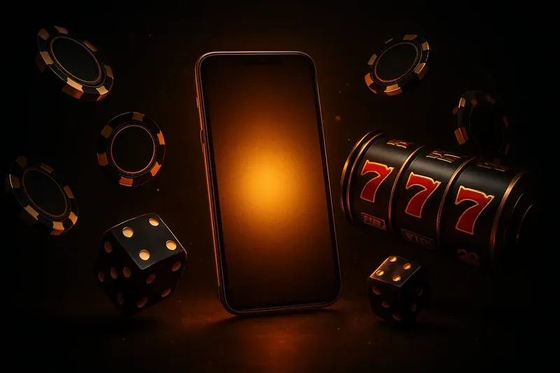 Panoramic banner with glowing smartphone, floating casino chips, slot reels, dice, and gold accents on a dark background